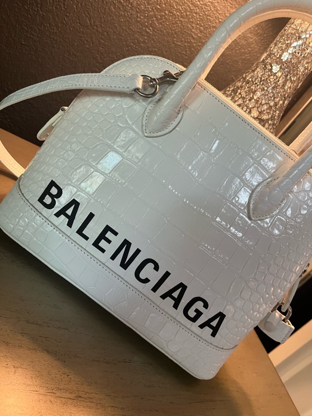 Balenciaga White Croc-Embossed Top-Handle Crossbody Bag